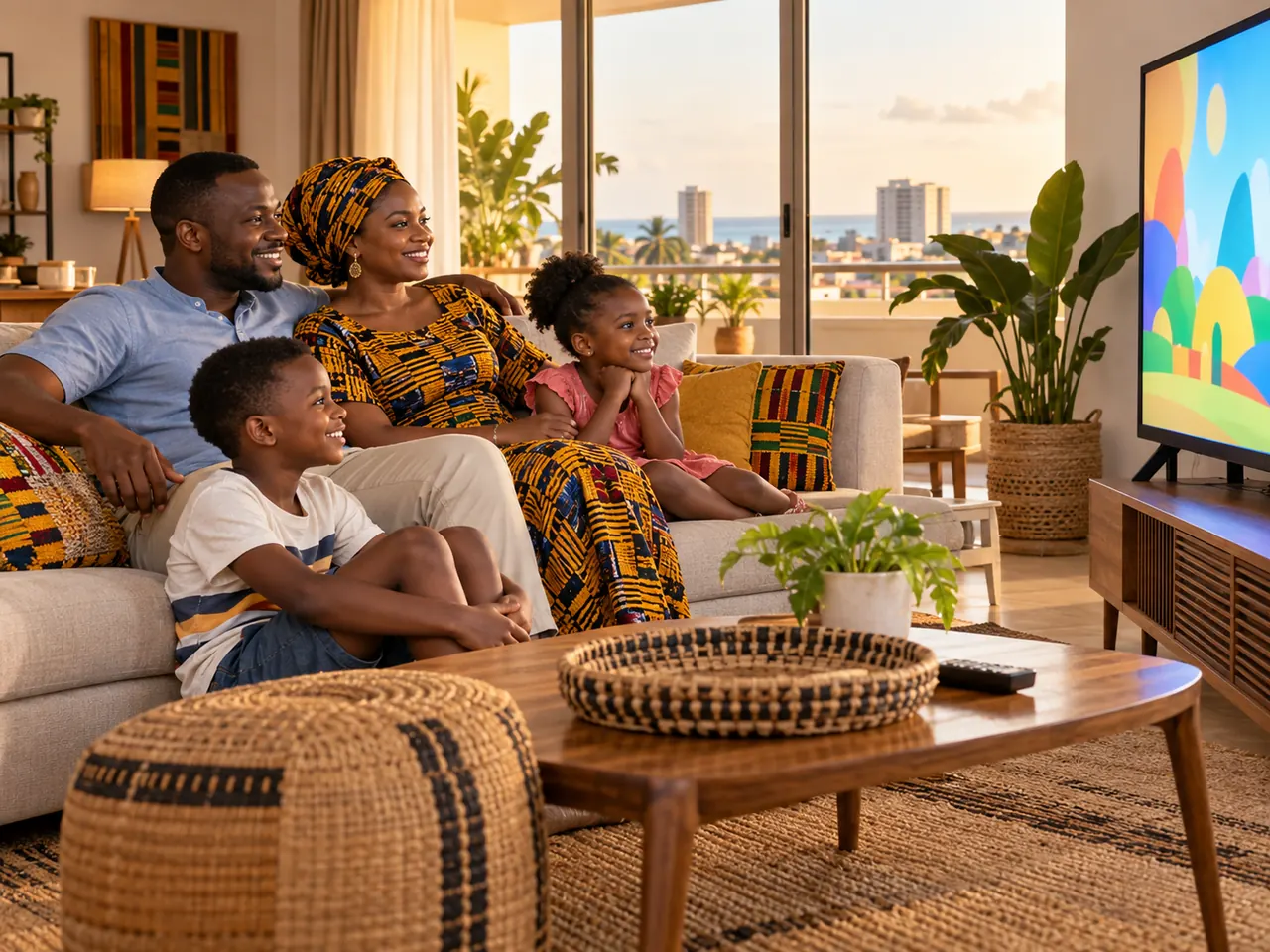 Famille togolaise regardant un programme jeunesse dans son salon