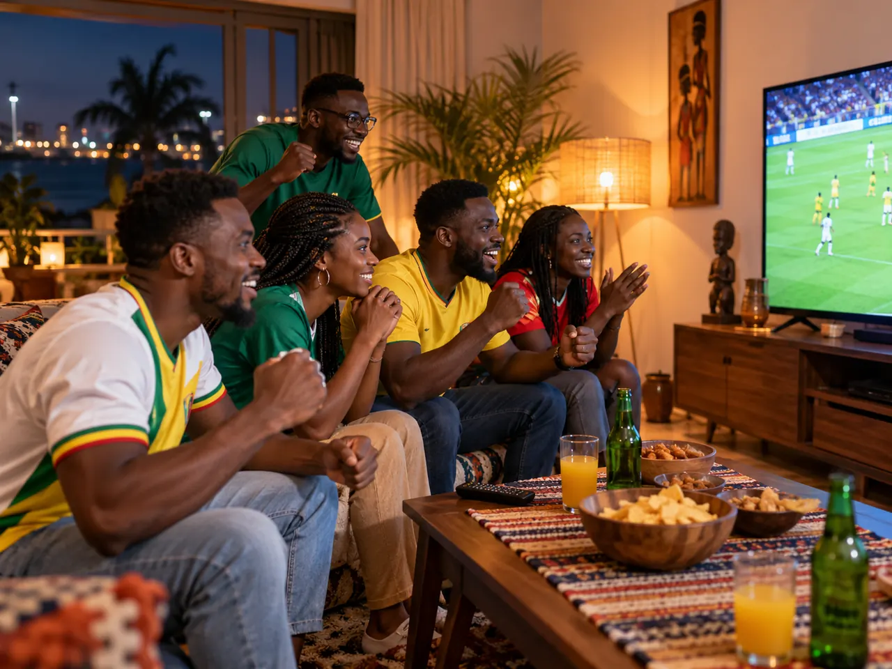 Amis togolais suivant un match de football à la télévision