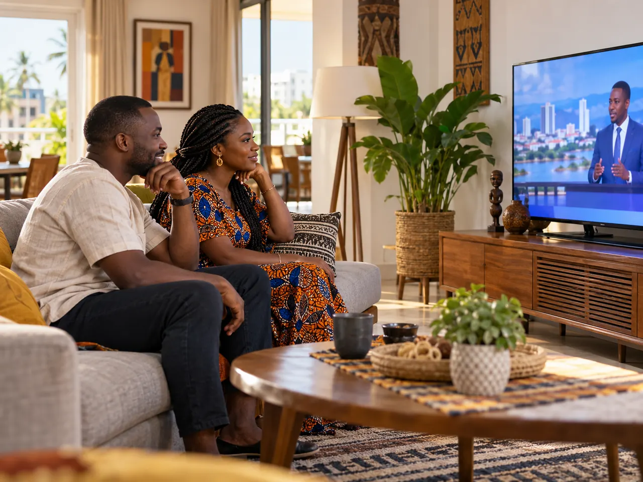 Couple togolais regardant une émission télévisée en direct à Lomé
